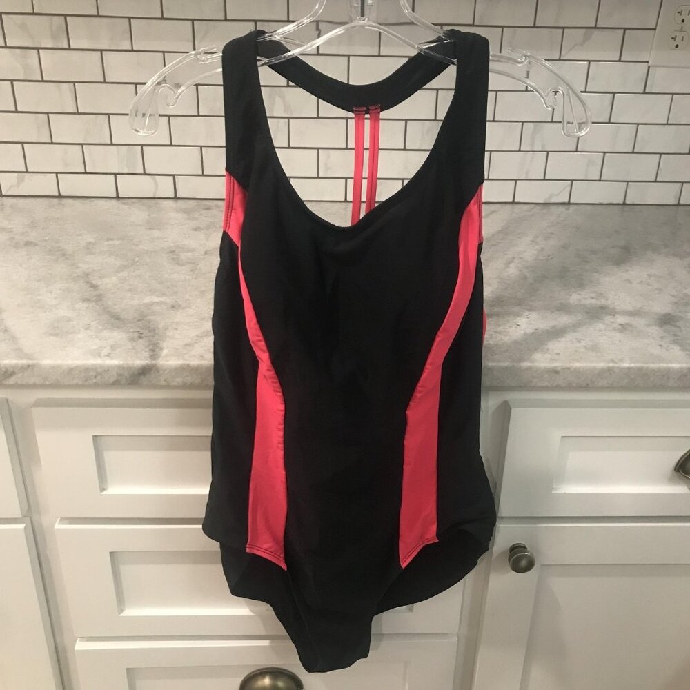 Catalina Swimsuit Womens Large 12-14 Black Pink One Piece Racerback Padded Lined